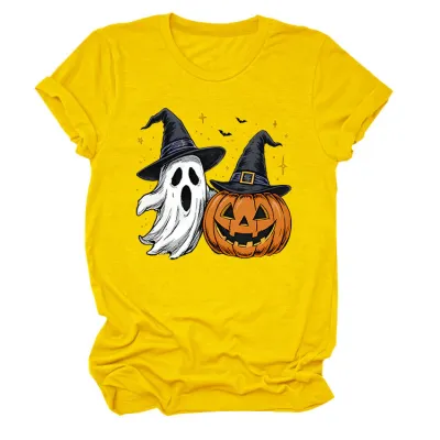 Halloween Women Fashion Casual Ghost Pumpkin Lamp Printed Round Neck Short Sleeve T-Shirt