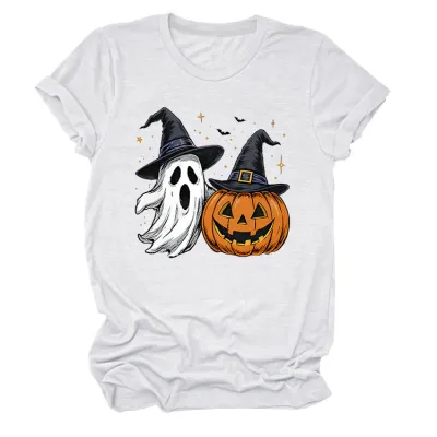 Halloween Women Fashion Casual Ghost Pumpkin Lamp Printed Round Neck Short Sleeve T-Shirt