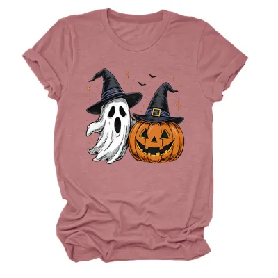 Halloween Women Fashion Casual Ghost Pumpkin Lamp Printed Round Neck Short Sleeve T-Shirt