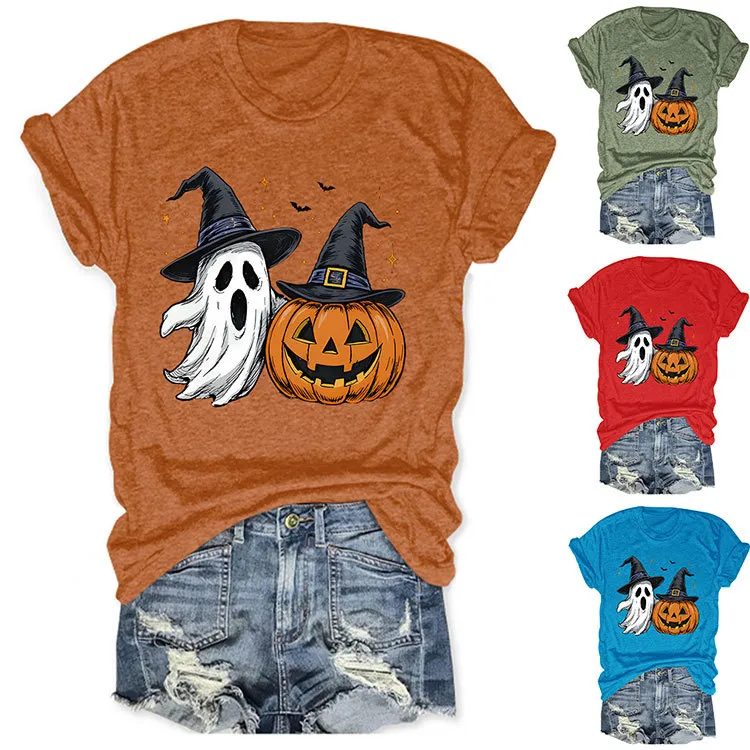 Halloween Women Fashion Casual Ghost Pumpkin Lamp Printed Round Neck Short Sleeve T-Shirt