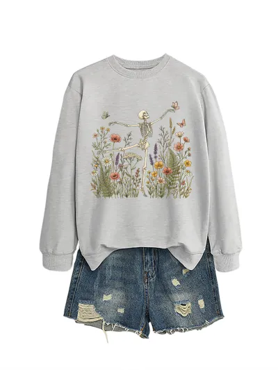 Halloween Women Fashion Casual Skeleton Dancing Flower Grass Long-Sleeve Sweatshirt