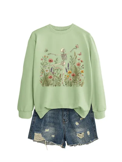 Halloween Women Fashion Casual Skeleton Dancing Flower Grass Long-Sleeve Sweatshirt