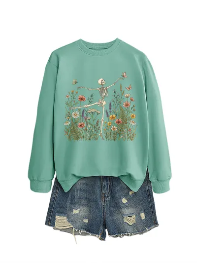 Halloween Women Fashion Casual Skeleton Dancing Flower Grass Long-Sleeve Sweatshirt