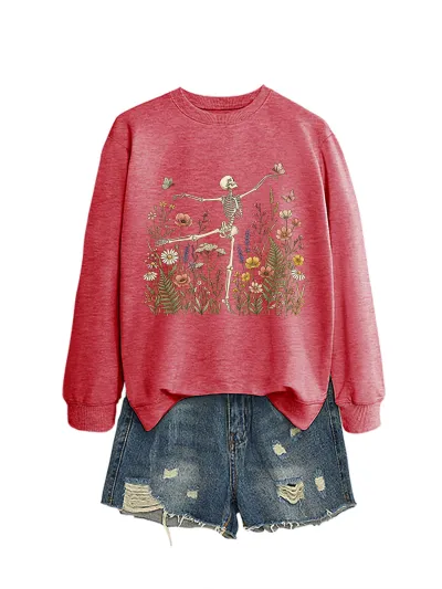 Halloween Women Fashion Casual Skeleton Dancing Flower Grass Long-Sleeve Sweatshirt