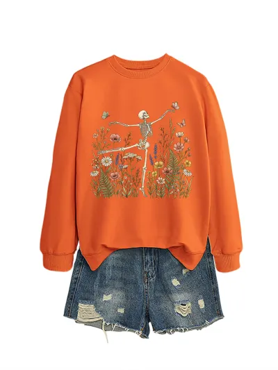 Halloween Women Fashion Casual Skeleton Dancing Flower Grass Long-Sleeve Sweatshirt