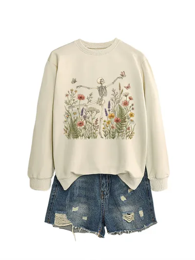 Halloween Women Fashion Casual Skeleton Dancing Flower Grass Long-Sleeve Sweatshirt