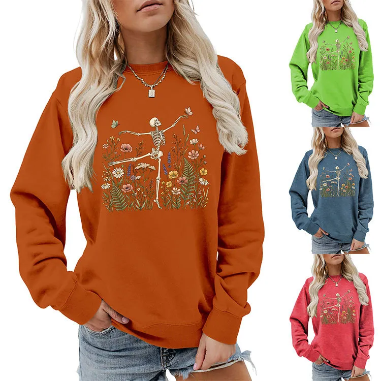 Halloween Women Fashion Casual Skeleton Dancing Flower Grass Long-Sleeve Sweatshirt