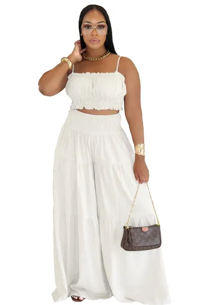 Women Fashion Sexy Summer Solid Color Pleated Camisole Crop Top Loose Wide-Leg Pants Two-Piece Set