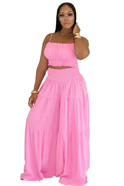 Women Fashion Sexy Summer Solid Color Pleated Camisole Crop Top Loose Wide-Leg Pants Two-Piece Set