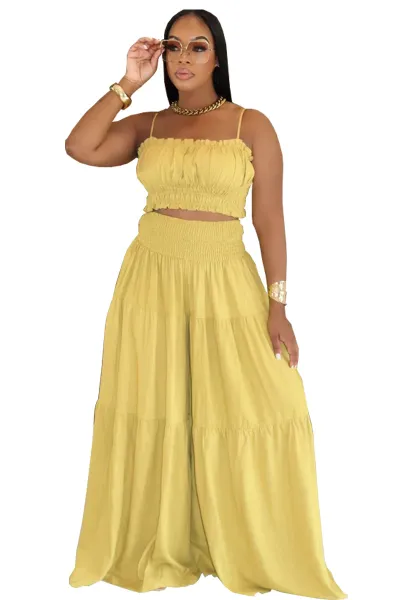 Women Fashion Sexy Summer Solid Color Pleated Camisole Crop Top Loose Wide-Leg Pants Two-Piece Set