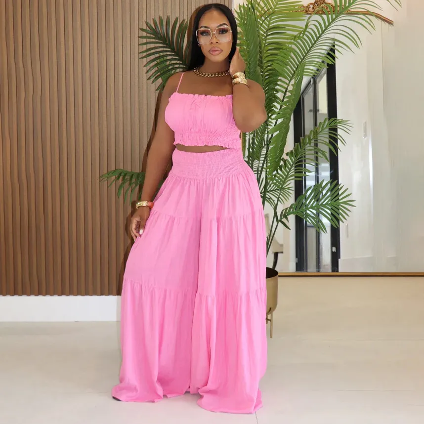Women Fashion Sexy Summer Solid Color Pleated Camisole Crop Top Loose Wide-Leg Pants Two-Piece Set