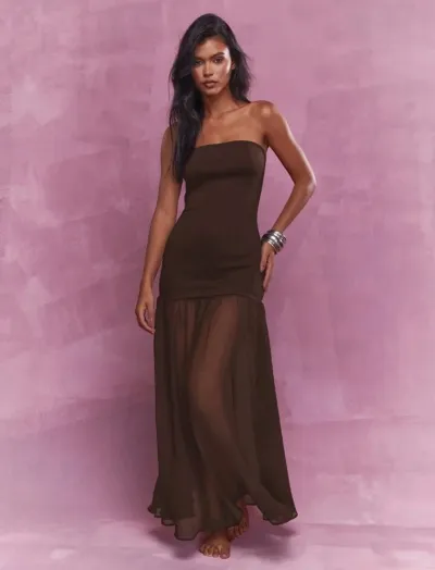 Women Sexy Mesh Stitching Strapless Maxi Dress