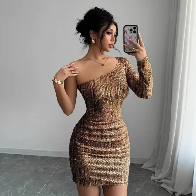 Women Sexy Slant Shoulder Long Sleeve Mini Dress