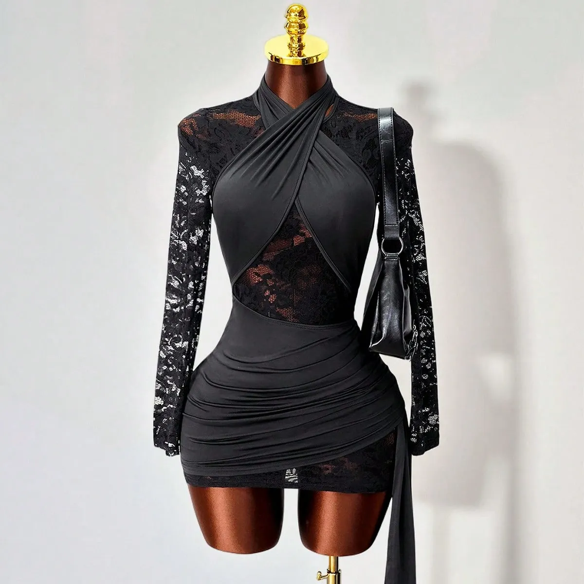 Women Sexy Solid Color Lace Stitching Long Sleeve Mini Dress