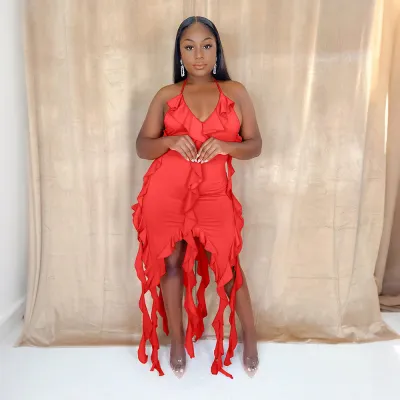 Women Sexy Fashion Solid Color Ruffle Irregular Hem Dress