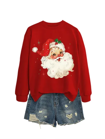 Christmas Women Fashion Autumn And Winter Fun Santa Claus Head Printed Long-Sleeve Sweatshirt
