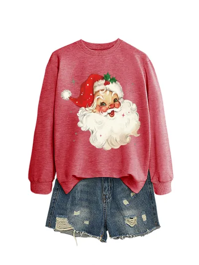 Christmas Women Fashion Autumn And Winter Fun Santa Claus Head Printed Long-Sleeve Sweatshirt