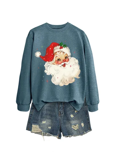 Christmas Women Fashion Autumn And Winter Fun Santa Claus Head Printed Long-Sleeve Sweatshirt