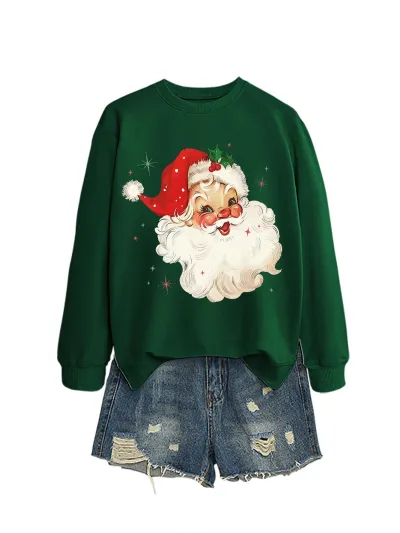 Christmas Women Fashion Autumn And Winter Fun Santa Claus Head Printed Long-Sleeve Sweatshirt