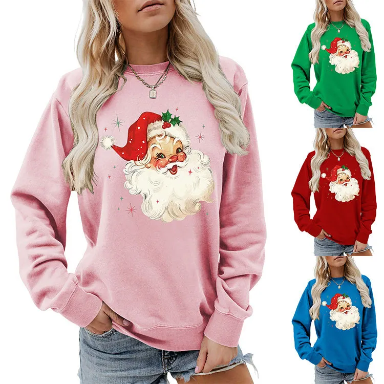 Christmas Women Fashion Autumn And Winter Fun Santa Claus Head Printed Long-Sleeve Sweatshirt