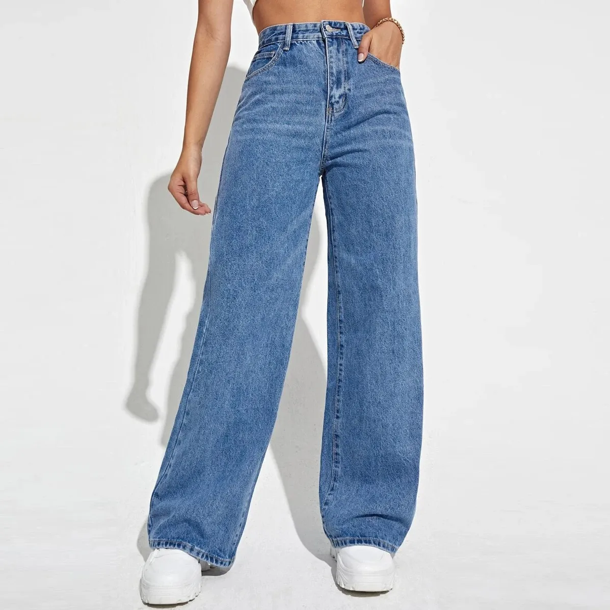 Women Simple High Waist Straight Jeans