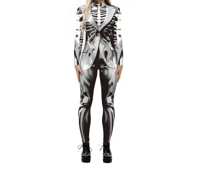 Halloween Cosplay Digital Skeleton Printed Long Sleeve Tight Jumpsuit