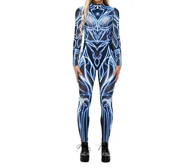Halloween Cosplay Digital Skeleton Printed Long Sleeve Tight Jumpsuit