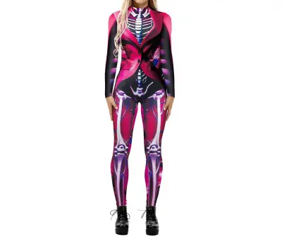 Halloween Cosplay Digital Skeleton Printed Long Sleeve Tight Jumpsuit