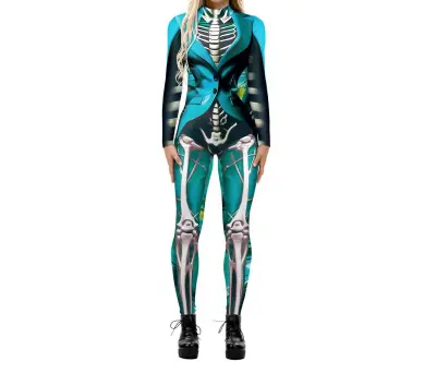 Halloween Cosplay Digital Skeleton Printed Long Sleeve Tight Jumpsuit