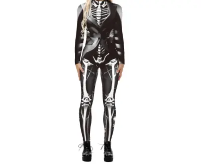 Halloween Cosplay Digital Skeleton Printed Long Sleeve Tight Jumpsuit