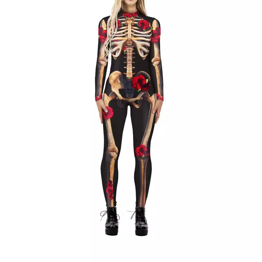 Halloween Cosplay Digital Skeleton Printed Long Sleeve Tight Jumpsuit