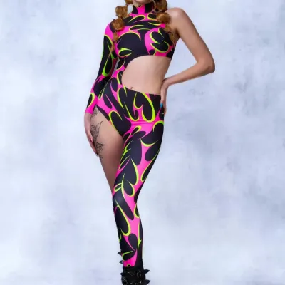 Halloween Women Fashion 3d Digital Printing Cosplay Hollow-Out Long-Sleeve Tight Jumpsuits
