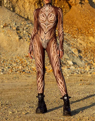Halloween Fashion 3d Digital Printing Long-Sleeve Zipper Tight Jumpsuits