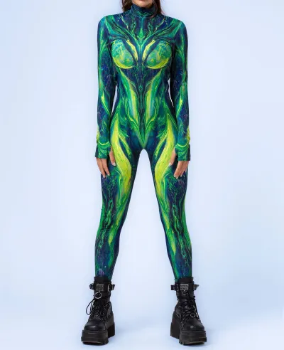 Halloween Fashion 3d Digital Printing Long-Sleeve Zipper Tight Jumpsuits