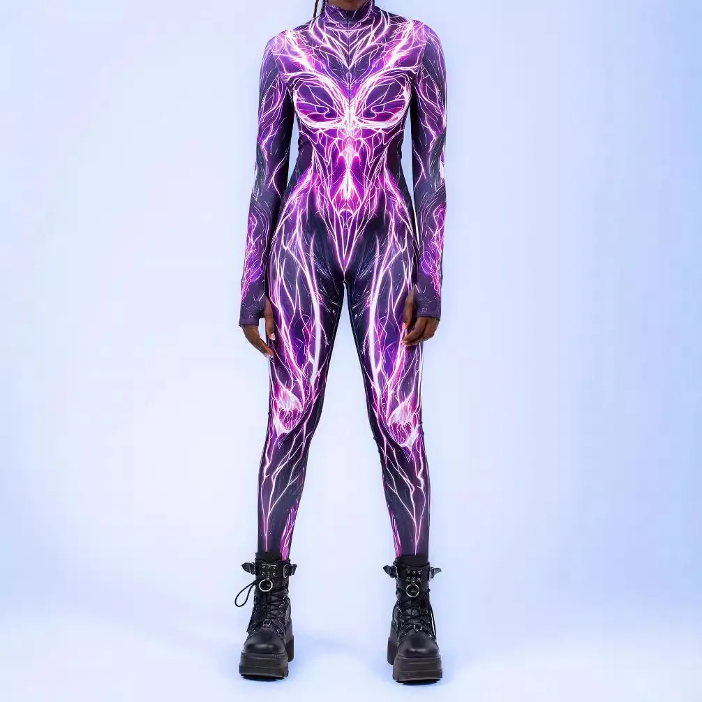 Halloween Fashion 3d Digital Printing Long-Sleeve Zipper Tight Jumpsuits