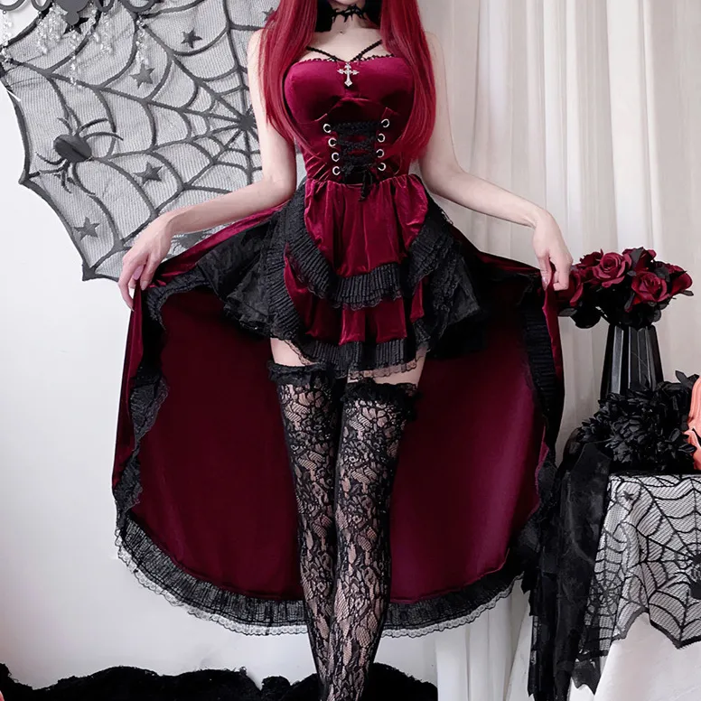 Halloween Women Fashion Sexy Gothic Irregular Lace Stitching Ruffled Dress