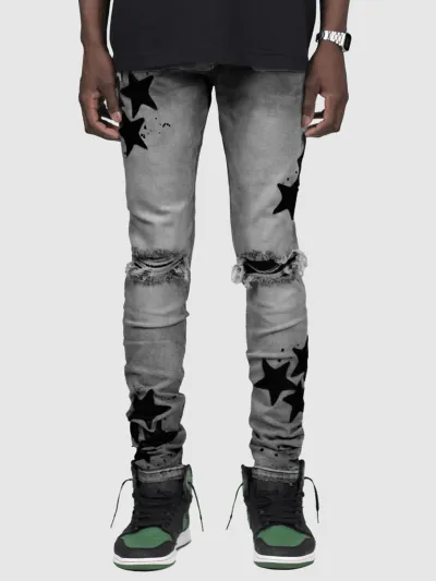 Men Fashion Casual Star Printed Ripped Slim-Fit Stretch Skinny Jeans