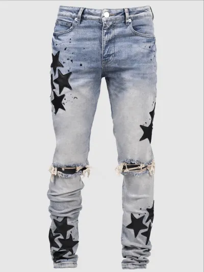 Men Fashion Casual Star Printed Ripped Slim-Fit Stretch Skinny Jeans