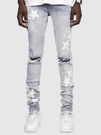 Men Fashion Casual Star Printed Ripped Slim-Fit Stretch Skinny Jeans