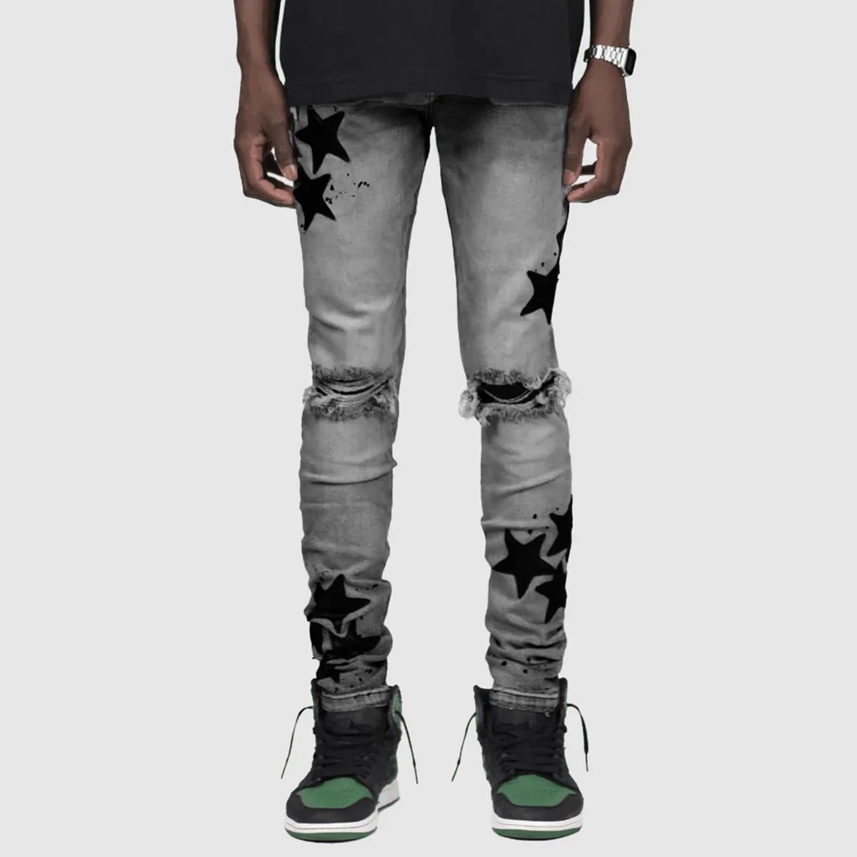 Men Fashion Casual Star Printed Ripped Slim-Fit Stretch Skinny Jeans