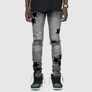 Men Fashion Casual Star Printed Ripped Slim-Fit Stretch Skinny Jeans