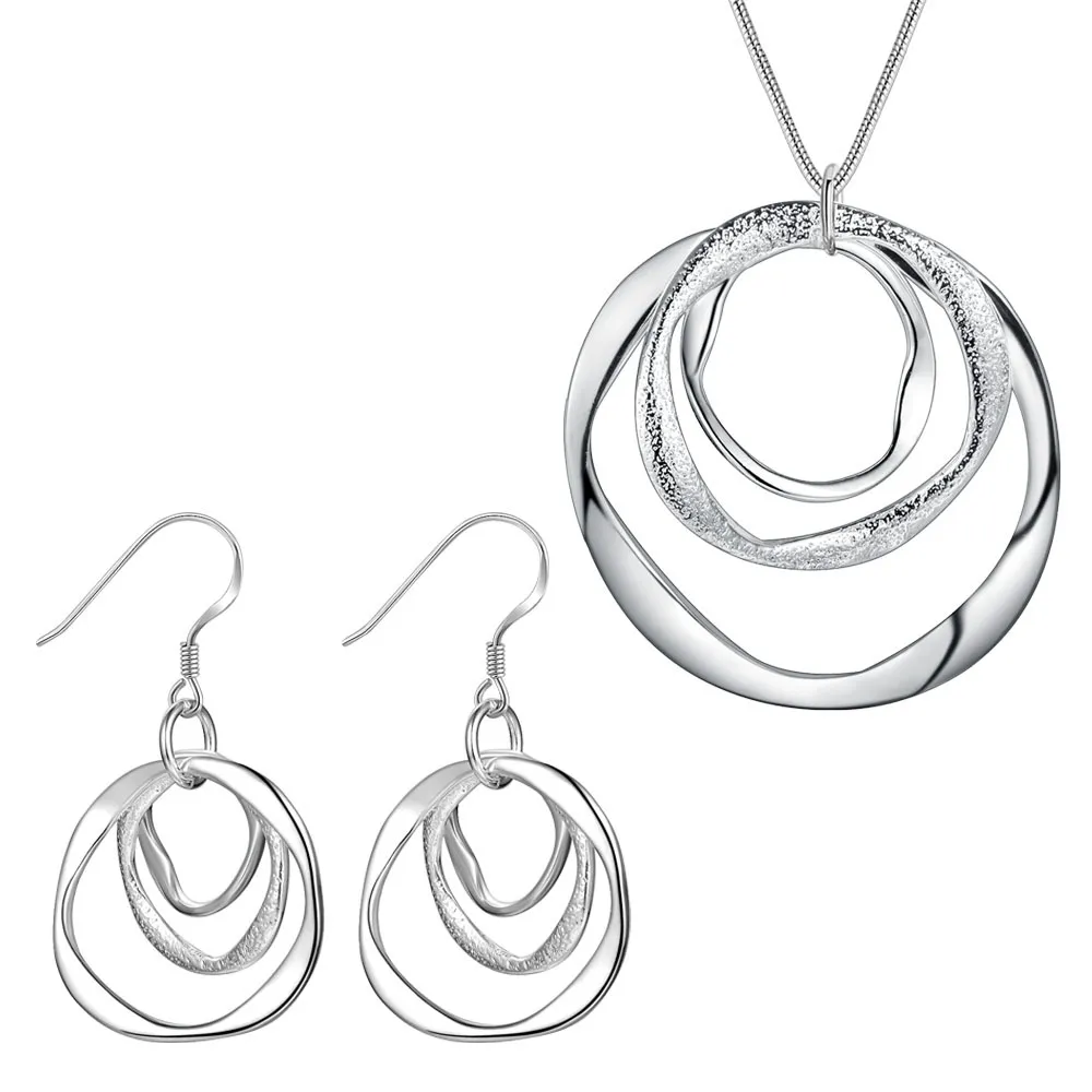 Women Fashion Geometric Three-Circle Earrings Necklace Set