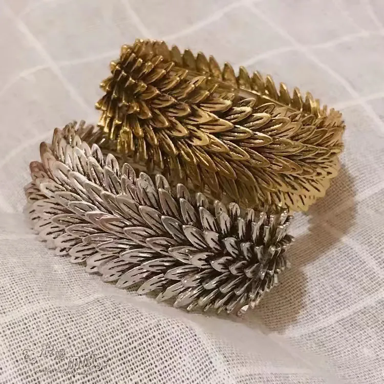 Women Fashion Exaggerated Metal Wide Feather Bracelet