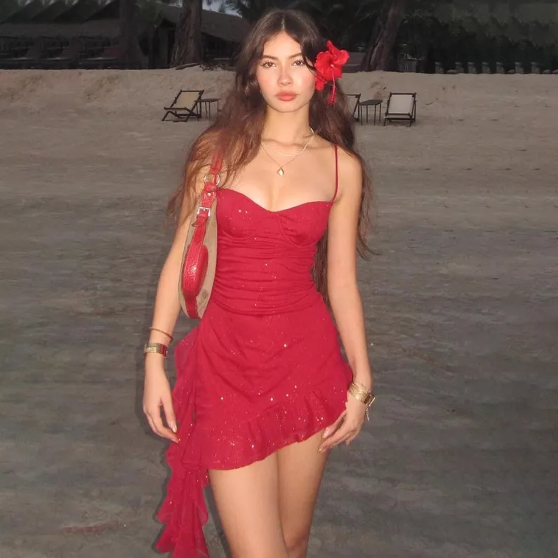 Women Fashion Sexy Solid Color Mesh Irregular Strap Backless Dress