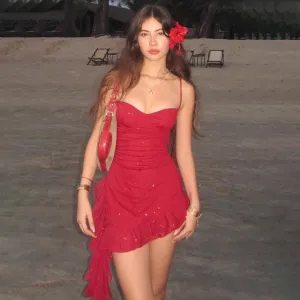 Women Fashion Sexy Solid Color Mesh Irregular Strap Backless Dress
