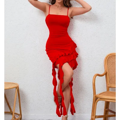 Women Fashion Sexy Summer Solid Color Irregular Ruffled Spaghetti Strap Dress