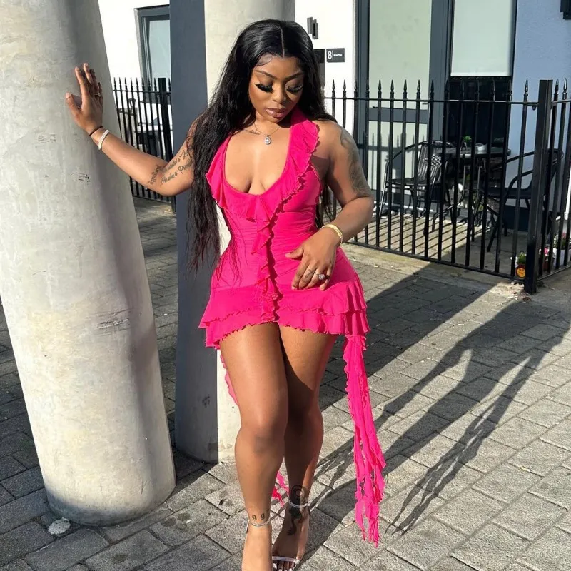 Women Fashion Summer Solid Color Curled Edge Halter-Neck Backless Lace-Up Dress
