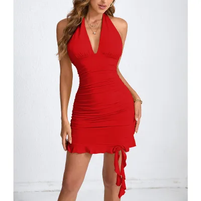 Women Fashion Sexy Summer Solid Color Halter-Neck Ruffled Tight Dress
