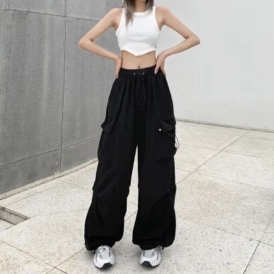 Women Fashion Casual Solid Color Loose Wide Leg Straight Cargo Pants