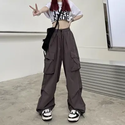 Women Fashion Casual Solid Color Loose Wide Leg Straight Cargo Pants